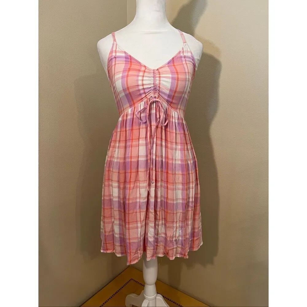 BP Peach Pink Cream Purple Plaid Strappy Summer Mini Dress XS